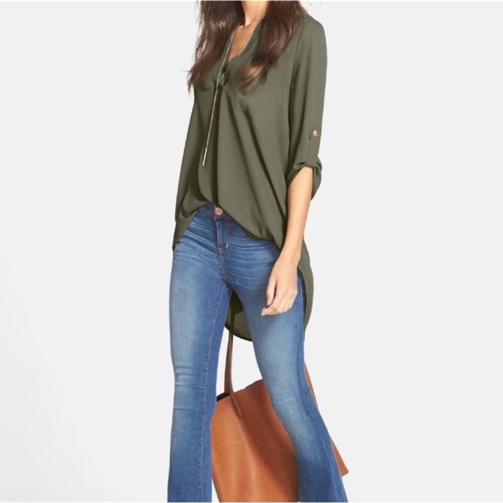 NEW LUSH blouse Tunic Top Olive Green XSMALL Roll Tab Sleeve